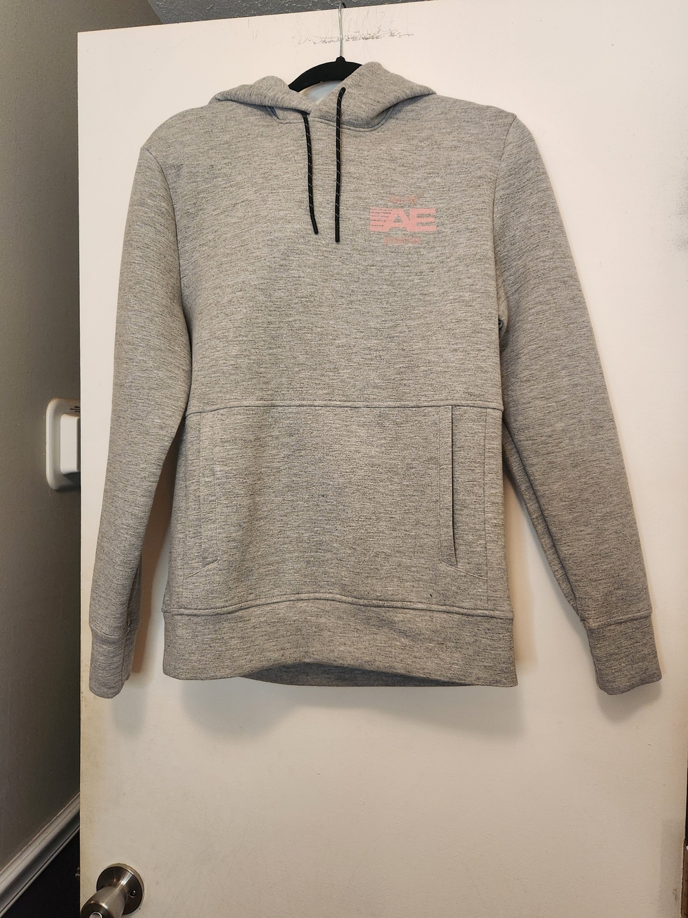 American Eagle Outfitters Men's Gray Hoodie with Pink Chest Logo S